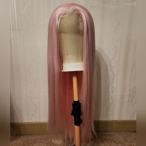 24" 13"x4" Lace Front Pink Straight Wig With Free Stand And Cap